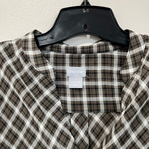 Chico’s Brown Plaid Button Front Peasant Blouse Size 1 US M/8 Boho Fall Casual - Picture 4 of 10